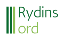 Logotyp som består av texten Rydins ord. Till vänster tre lodräta streck som är lika stora som båda orden. Både streck och ord är i två olika gröna toner.